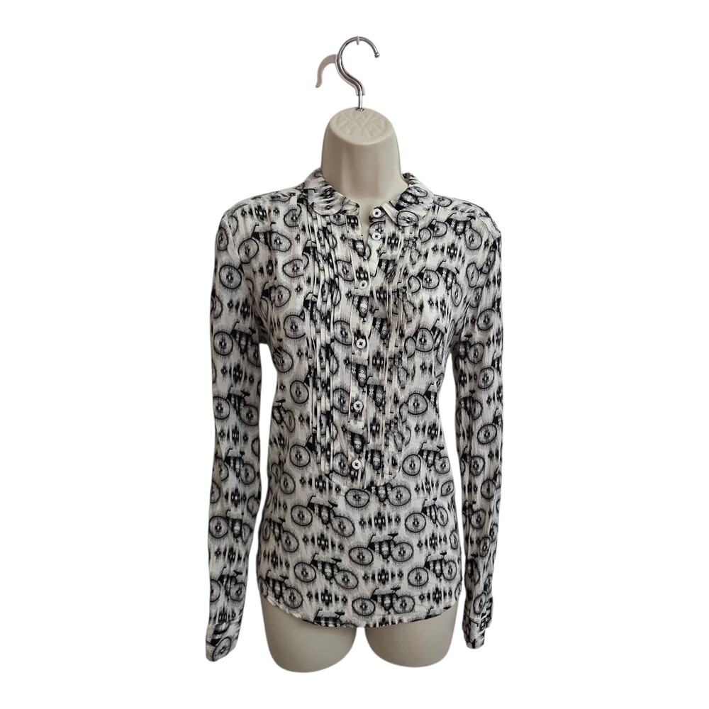 Maeve Anthropologie Bicycle Print Blouse Women’s Size 8 Black White Button Top
